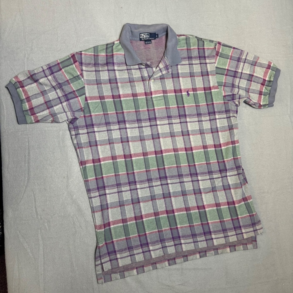 Vintage Polo Ralph Lauren Mens Polo Shirt L Purple Plaid Excellent USA Made - Picture 1 of 8